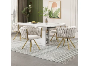 Merax Conjunto de 4 cadeiras de jantar giratórias com braços - 59 x 54 x 72 cm - Veludo - Bege + Dourado