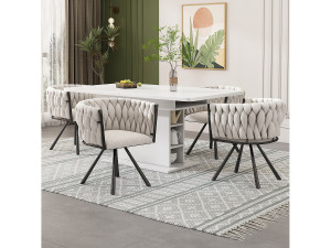 Merax Set van 4 draaibare eetkamerstoelen met armleuningen - 59 x 54 x 72 cm - Linnen stof - Beige + Zwart