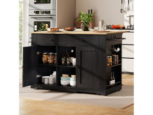 Merax Mobiel keukeneiland met 2 deuren, 2 lades en zijplanken - Uitschuifbaar blad - 151,5x59,7(84,7)x91,7cm - MDF - Zwart