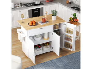 Merax Mobiel kookeiland met 3 deuren en 1 lade - Uitschuifbaar blad - 132,5x44(70)x90 cm - MDF hout - Wit en naturel