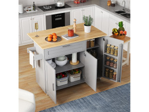 Merax Mobiel kookeiland met 3 deuren en 1 lade - Uitschuifbaar blad - 132,5x44(70)x90 cm - MDF hout - Grijs en naturel