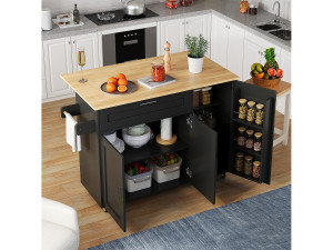 Merax Mobiel kookeiland met 3 deuren en 1 lade - Uitschuifbaar blad - 132,5x44(70)x90 cm - MDF hout - Zwart en naturel