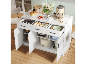 Merax Keukeneiland met 3 deuren en 3 laden - 112 x 60 x 90,5 cm - Marmerlook blad - MDF hout - Wit