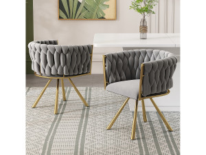 Merax Set van 2 draaibare eetkamerstoelen met armleuningen - 59 x 54 x 72 cm - Fluweel - Grijs + Goud
