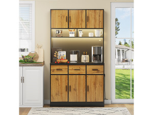 Merax Hoge dressoir met 6 deuren en 3 laden - 100 x 40 x 180 cm - LED's en oplaadpoort - MDF-hout - Verstelbare planken - Naturel + zwart