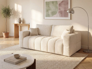 Vente-unique Express-driezitsslaapbank van beige boucléstof - Bed 140 cm - Matras 13 cm ISSORO