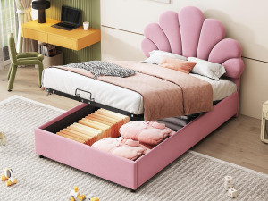 ModernLuxe Fluwelen gestoffeerd opbergbed - 90x200cm - Bloemenhoofdeinde - met lattenbodem - Roze