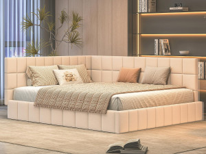 ModernLuxe Volwassen bed 160x200cm in fluweel met omheining en lattenbodem - Beige