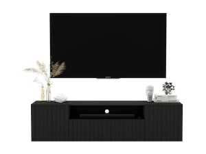 Meuble TV con 3 puertas y hueco abierto - Cuerpo Negro mate, frentes acanalados Negro mate - 150 cm