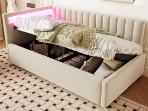 ModernLuxe 90x200cm opbergbed met LED - fluwelen stof - Beige