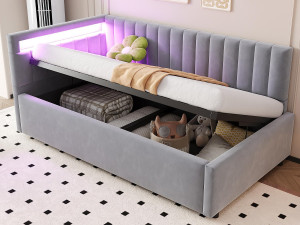 ModernLuxe 90x200cm opbergbed met LED - fluwelen stof - Lichtgrijs