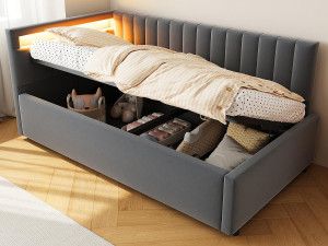 ModernLuxe 90x200cm opbergbed met LED - fluwelen stof - Grijs