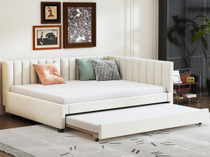 ModernLuxe Gestoffeerde slaapbank 140x200 cm - met uitschuifbed 90x190cm - fluwelen stof - Beige