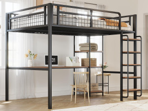 ModernLuxe Metalen hoogslaper 140x200 cm - met bureau en veiligheidsladder - Zwart