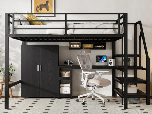ModernLuxe Hoogslaper van metaal 140x200 cm - met bureau, kledingkast en opbergladder - Zwart