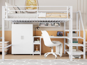 ModernLuxe Hoogslaper van metaal 140x200 cm - met bureau, kledingkast en opbergladder - Wit