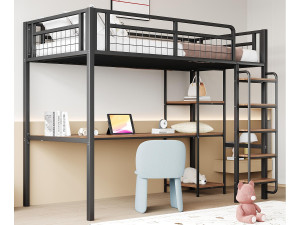 ModernLuxe Metalen hoogslaper 90x200 cm - met bureau en veiligheidsladder - Zwart