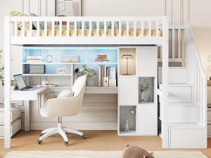ModernLuxe 90x200 cm houten hoogslaper - bureau met LED en opbergruimte & opbergladder - Wit