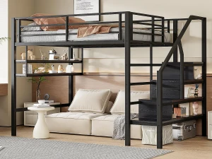 ModernLuxe Cama alta em metal 140x200 cm - com prateleira e escada de arrumação - Preto