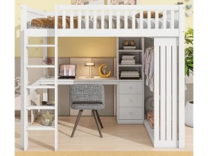 ModernLuxe Cama alta em madeira 140x200 cm - com secretária e roupeiro - Branco