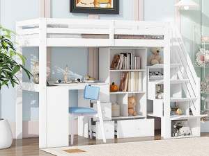 ModernLuxe 90x200 cm houten mezzanine bed - met bureau en meerdere opbergruimtes - Wit