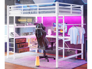 ModernLuxe Hoogslaper 140x200cm met LED en stopcontacten - bureau met 3 lades en plank - Wit