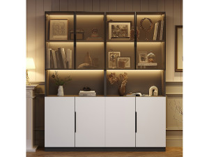 Merax Vitrinekast met 8 deuren - 160 x 30 x 200 cm - LED's - Spaanplaat en glas - Wit