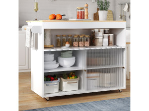 Merax Mobiel kookeiland met 2 schuifdeuren - uitschuifbaar blad - 122x46/69x91 cm - MDF hout - Wit + naturel
