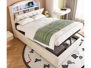 ModernLuxe Kinderbed met opbergruimte 90x200cm - Fluweel - - met LED - met USB - beige (matras niet inbegrepen)