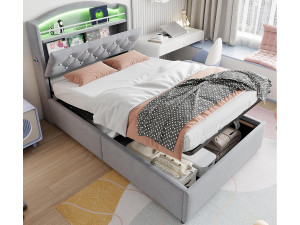 ModernLuxe Kinderbed met opbergruimte 90x200cm - Fluweel - - met LED - met USB - Grijs (matras niet inbegrepen)