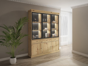Vente-unique Vitrinekast met opbergruimte en leds - Naturel en zwart - MARSORIA
