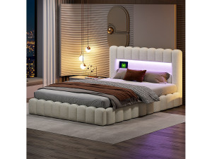 Tweepersoonsbed 140×200cm met opbergruimte, bedstee met ledverlichting, beige linnen