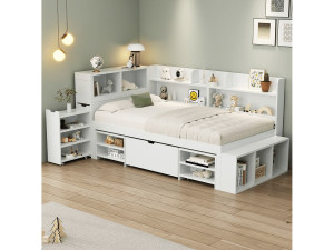 KOMHTOM Kinderbed 90*200 cm, met laden, planken en opbergruimte, lattenbodem, wit