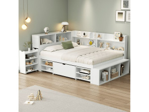 KOMHTOM Kinderbed 140*200 cm, met laden, planken en opbergruimte, lattenbodem, wit