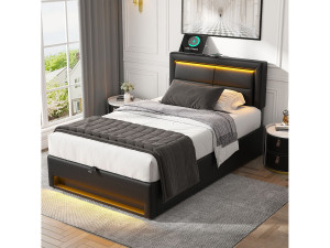 KOMHTOM Gestoffeerd bed 90 x 200 cm, met USB-poort (draadloos en draadopladen), LED-verlichting en opbergruimte, zwart