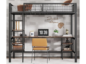 ModernLuxe Hoogslaper 90x200cm - met tafel + plank - met vier-treden ladder - ijzer + spaanplaat - zwart (zonder matras)