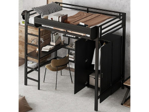 ModernLuxe Mezzanine bed 90x200 cm - met tafel - met kledingkast - met meerdere opbergruimtes - met 5-treden ladder - ijzer + spaanplaat - zwart