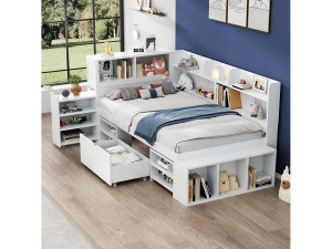 Merax Bed 90 x 200 cm met opbergvakken, boekenkast en 1 lade - Multiplex - Wit (zonder matras)