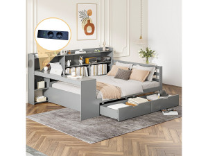 Merax Bed 140 x 200 cm met hoofdbord en 2 lades - bureau, opbergvakken en USB-aansluitingen - Grenen + multiplex + MDF - Grijs