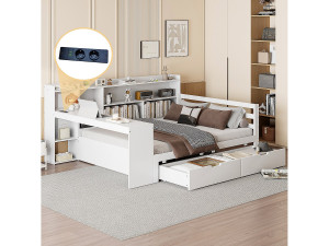 Merax Bed 140 x 200 cm met hoofdbord en 2 lades - bureau, opbergvakken en USB-aansluitingen - Grenen + multiplex + MDF - Wit