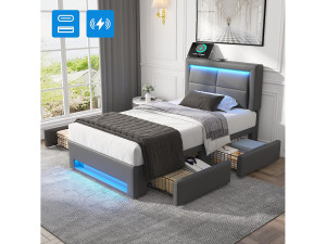Merax 90 x 190 cm gestoffeerd bed met hoofdbord en 4 lades - LED's en USB-aansluitingen - PU-leer - Grijs (zonder matras)