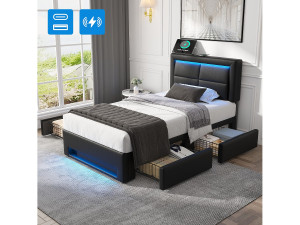 Merax 90 x 190 cm gestoffeerd bed met hoofdbord en 4 lades - LED's en USB-aansluitingen - PU-leer - Zwart (zonder matras)