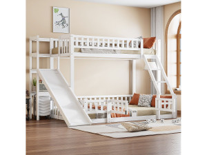 Merax Stapelbedden 140 x 200 cm + 90 x 200 cm met glijbaan, planken en veiligheidshekken - Dennen + MDF - Wit (zonder matras)