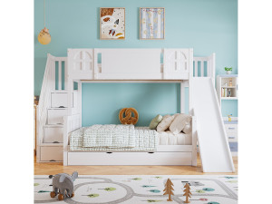 Merax Stapelbedden 120 x 200 cm + 90 x 200 cm met glijbaan, 7 laden en veiligheidshekken - Dennen + MDF - Wit (zonder matras)