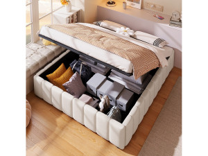 Merax Opbergbed 140 x 200 cm zonder hoofdbord - Linnen stof - Inclusief lattenbodem - Beige (zonder matras)