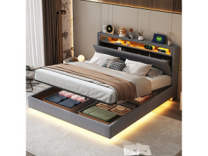 Merax Opbergbed 160 x 200 cm met opberghoofdeinde en opbergvakken - LED's en USB-aansluiting - Linnen stof - Grijs