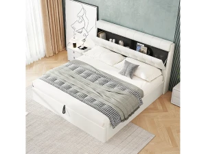 Merax Cama de arrumação 160 x 200 cm com cabeceira de arrumação - LEDs - Couro PU - Branco (sem colchão)