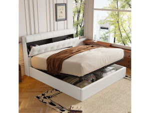 Merax 140 x 200 cm opbergbed met opberghoofdeinde - LED's - PU-leer - Wit (zonder matras)