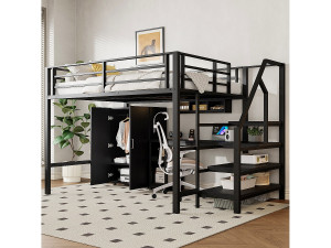 Merax Hoogslaper 140 x 200 cm met bureau, kledingkast en planken - Metaal + MDF - Zwart (zonder matras)