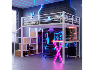 Merax Hoogslaper 140 x 200 cm met bureau, kledingkast, planken - Sfeerverlichting - Metaal - Wit (zonder matras)